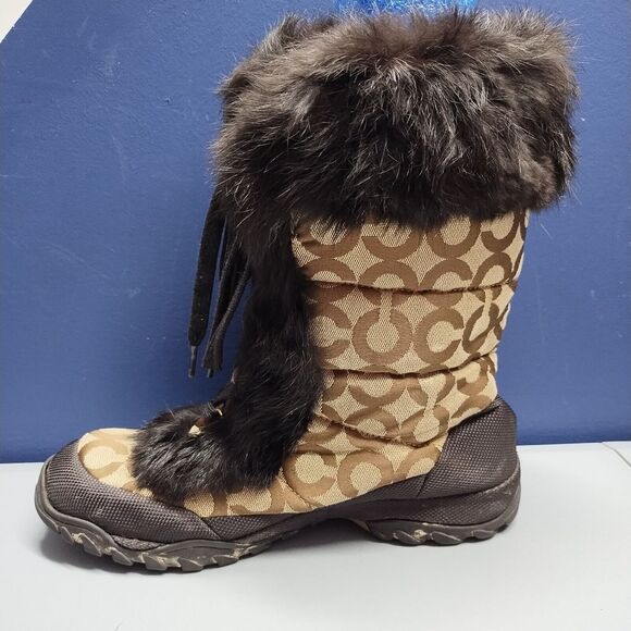 Coach Jennie Signature Winter Boots Womens Sz 9.5 Brown Black Rabbit Fur Lace Up - Picture 6 of 15